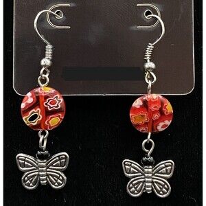Handmade Butterfly & Millefiore Glass Bead Earrings by Neanie-Bot